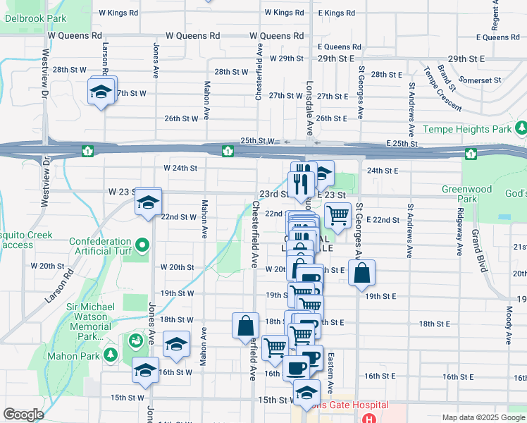 map of restaurants, bars, coffee shops, grocery stores, and more near 158 West 22nd Avenue in Vancouver