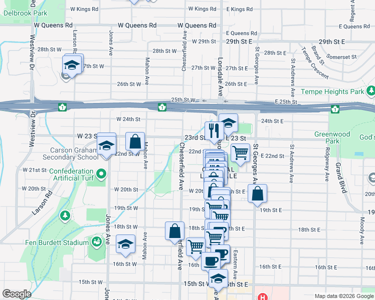 map of restaurants, bars, coffee shops, grocery stores, and more near 158 West 22nd Avenue in Vancouver