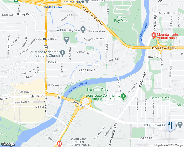 map of restaurants, bars, coffee shops, grocery stores, and more near 420 Keith Road in West Vancouver