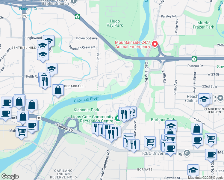 map of restaurants, bars, coffee shops, grocery stores, and more near 2008 Fullerton Avenue in North Vancouver