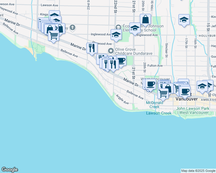 map of restaurants, bars, coffee shops, grocery stores, and more near 2222 Bellevue Avenue in West Vancouver