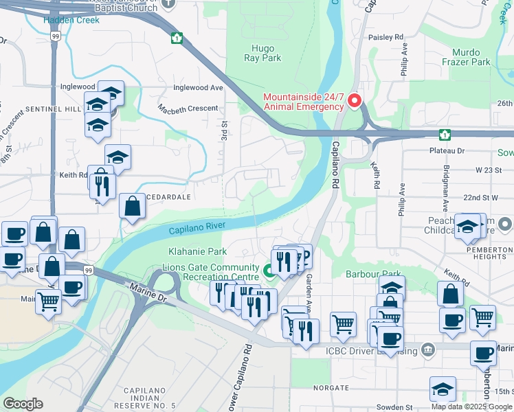 map of restaurants, bars, coffee shops, grocery stores, and more near 2008 Fullerton Avenue in North Vancouver