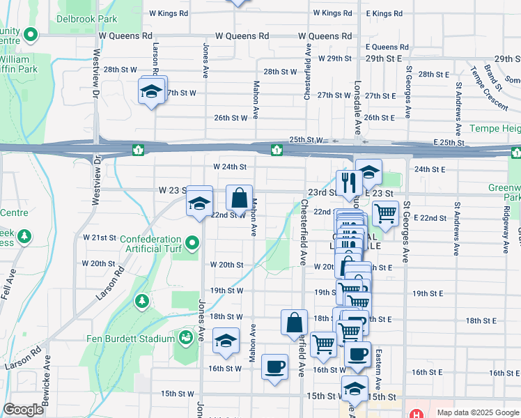 map of restaurants, bars, coffee shops, grocery stores, and more near 2212 Mahon Avenue in North Vancouver