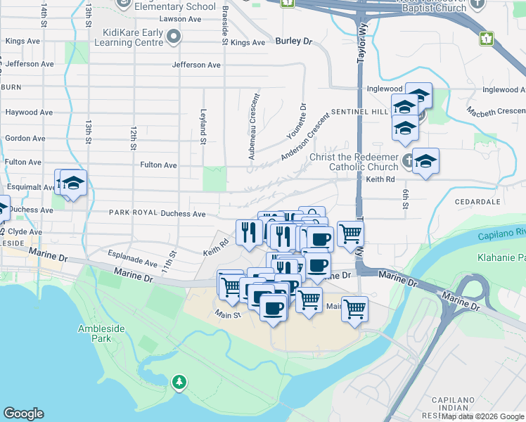 map of restaurants, bars, coffee shops, grocery stores, and more near 876 Keith Road in West Vancouver