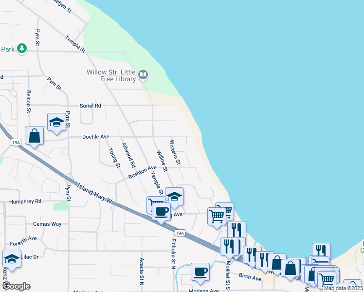 map of restaurants, bars, coffee shops, grocery stores, and more near 457 Heather Place in Parksville