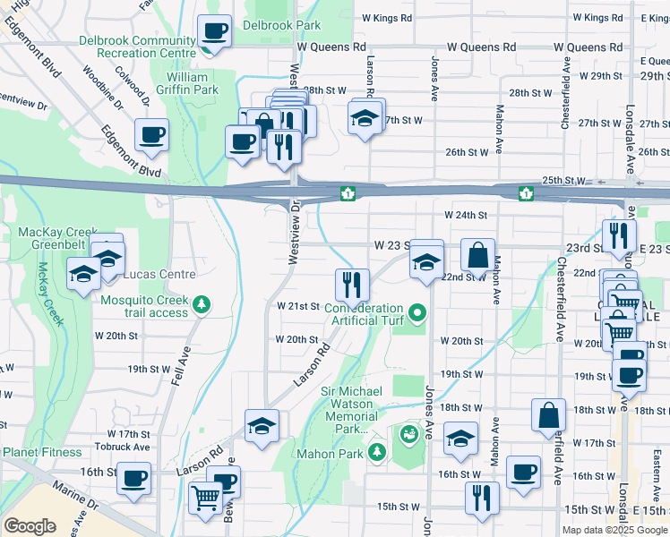 map of restaurants, bars, coffee shops, grocery stores, and more near 512 West 22nd Street in North Vancouver