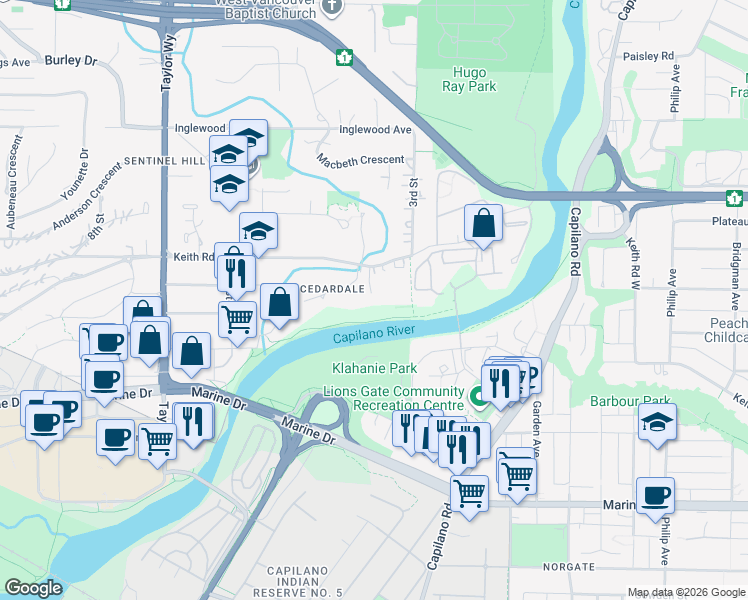 map of restaurants, bars, coffee shops, grocery stores, and more near 366 Keith Road in West Vancouver