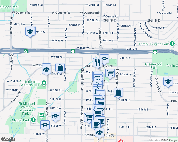 map of restaurants, bars, coffee shops, grocery stores, and more near 150 22nd Street West in North Vancouver