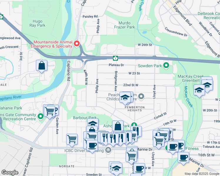 map of restaurants, bars, coffee shops, grocery stores, and more near 1335 West 22nd Street in North Vancouver