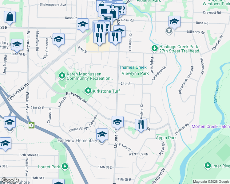 map of restaurants, bars, coffee shops, grocery stores, and more near 2315 Mountain Highway in North Vancouver