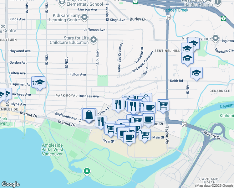 map of restaurants, bars, coffee shops, grocery stores, and more near 955 Duchess Avenue in West Vancouver