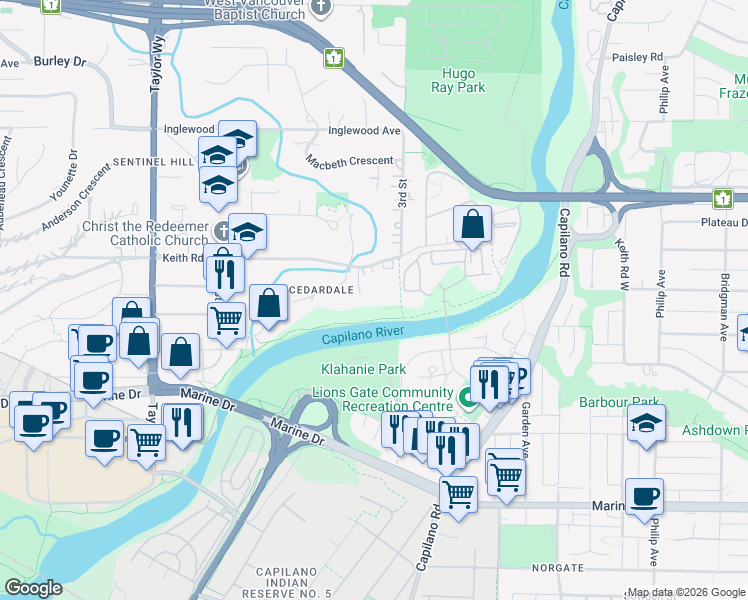 map of restaurants, bars, coffee shops, grocery stores, and more near 360 East Keith Road in North Vancouver