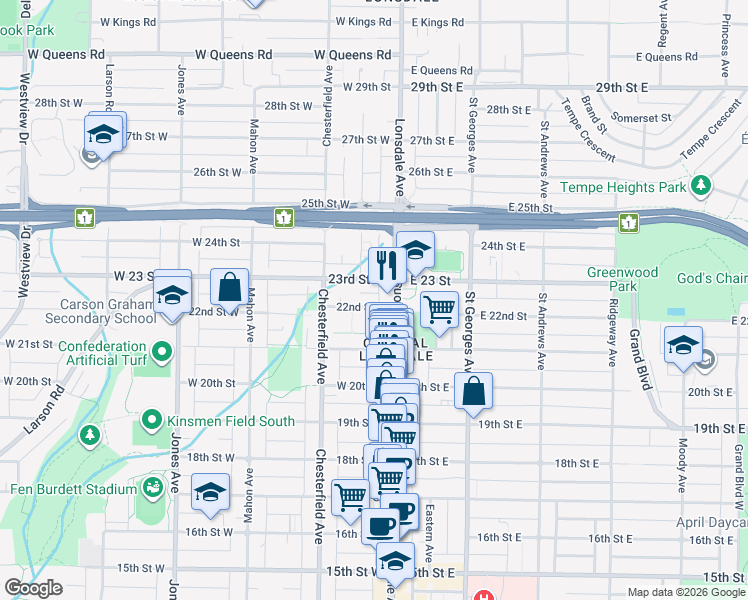 map of restaurants, bars, coffee shops, grocery stores, and more near 118 22nd Street West in North Vancouver