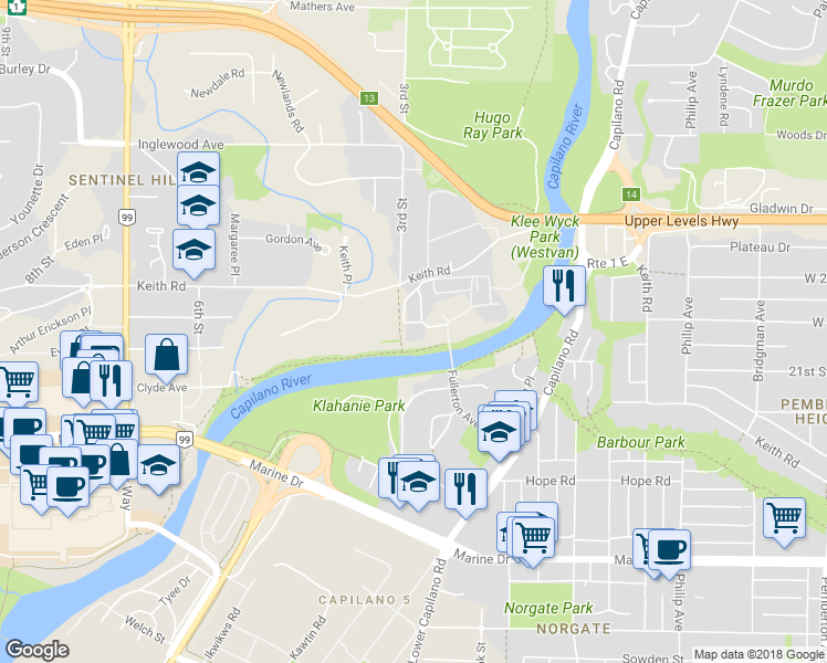 map of restaurants, bars, coffee shops, grocery stores, and more near 1932 Glenaire Drive in North Vancouver