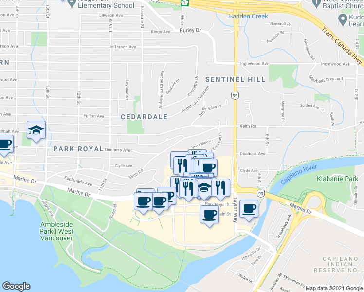 map of restaurants, bars, coffee shops, grocery stores, and more near 866 Arthur Erickson Place in West Vancouver