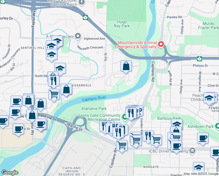map of restaurants, bars, coffee shops, grocery stores, and more near 2024 Fullerton Avenue in North Vancouver
