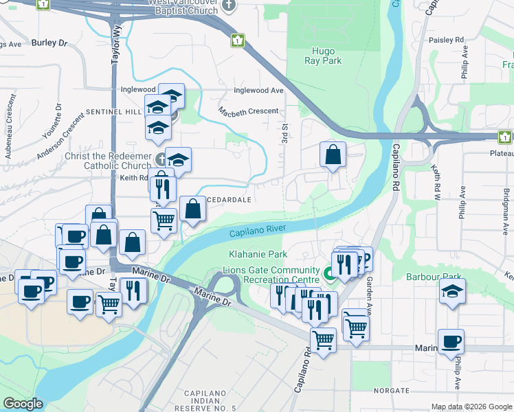 map of restaurants, bars, coffee shops, grocery stores, and more near 420 Keith Road in West Vancouver