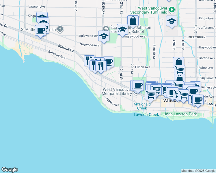 map of restaurants, bars, coffee shops, grocery stores, and more near 2167 Bellevue Avenue in West Vancouver