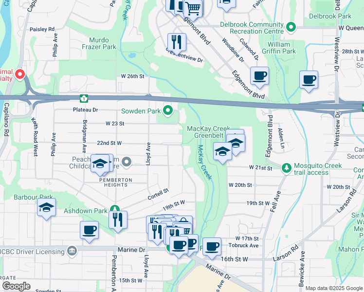 map of restaurants, bars, coffee shops, grocery stores, and more near 600 West 22 Street in North Vancouver