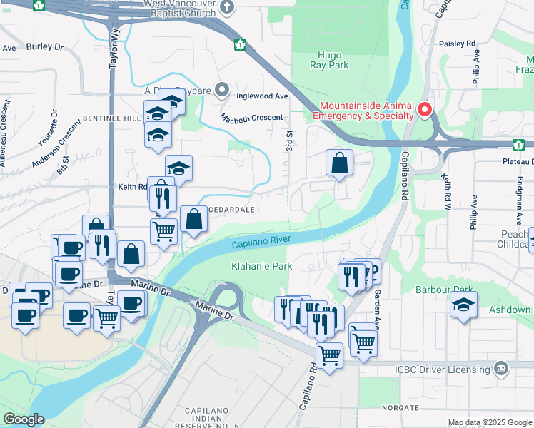 map of restaurants, bars, coffee shops, grocery stores, and more near 360 Keith Road in West Vancouver