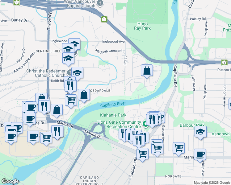 map of restaurants, bars, coffee shops, grocery stores, and more near 364 Keith Road in West Vancouver