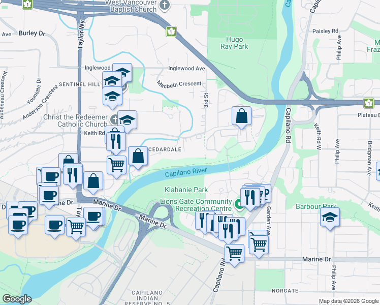 map of restaurants, bars, coffee shops, grocery stores, and more near 364 Keith Road in West Vancouver