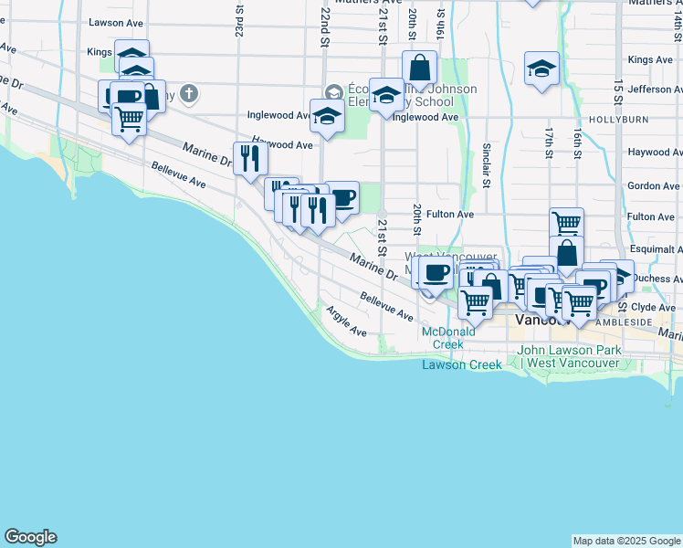map of restaurants, bars, coffee shops, grocery stores, and more near 2167 Bellevue Avenue in West Vancouver