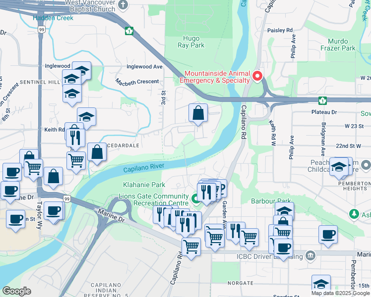 map of restaurants, bars, coffee shops, grocery stores, and more near in North Vancouver