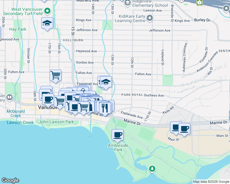 map of restaurants, bars, coffee shops, grocery stores, and more near 1291 Duchess Avenue in West Vancouver