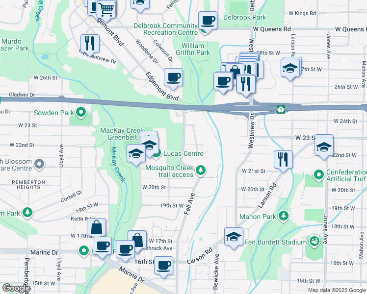 map of restaurants, bars, coffee shops, grocery stores, and more near Edgemont Boulevard in North Vancouver