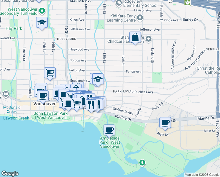 map of restaurants, bars, coffee shops, grocery stores, and more near 1275 Duchess Avenue in West Vancouver