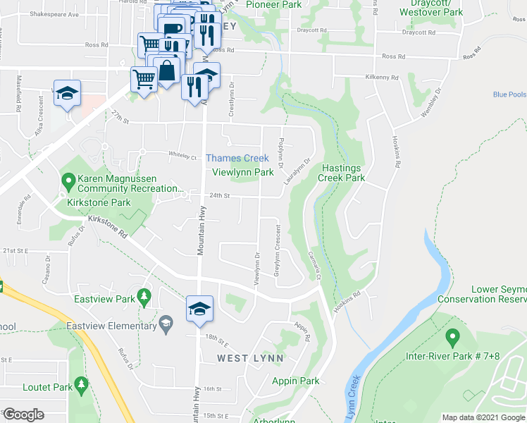 map of restaurants, bars, coffee shops, grocery stores, and more near 2302 Viewlynn Drive in North Vancouver