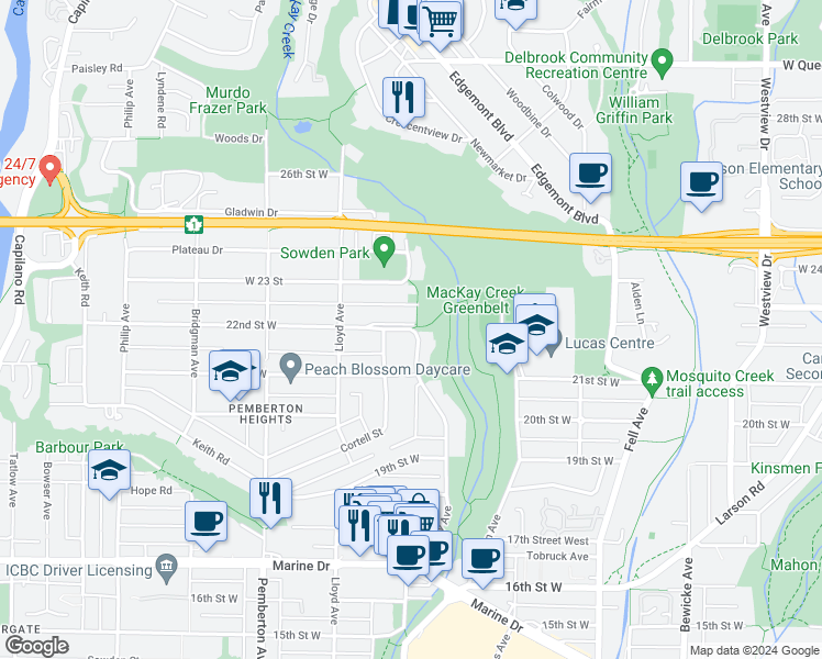 map of restaurants, bars, coffee shops, grocery stores, and more near West 22 Street in North Vancouver