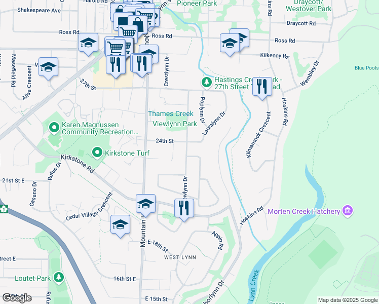 map of restaurants, bars, coffee shops, grocery stores, and more near 2302 Viewlynn Drive in North Vancouver