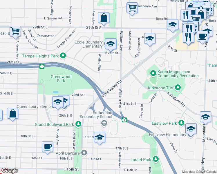 map of restaurants, bars, coffee shops, grocery stores, and more near 738 Lynn Valley Road in North Vancouver