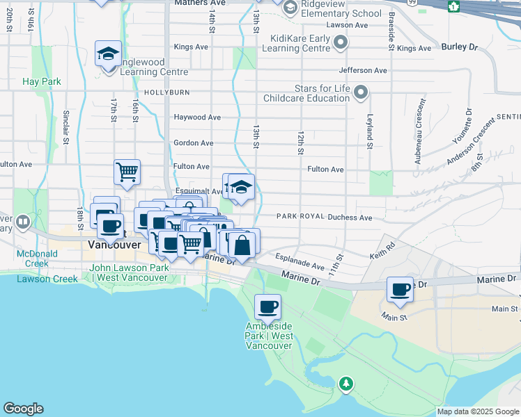 map of restaurants, bars, coffee shops, grocery stores, and more near 1295 Duchess Avenue in West Vancouver