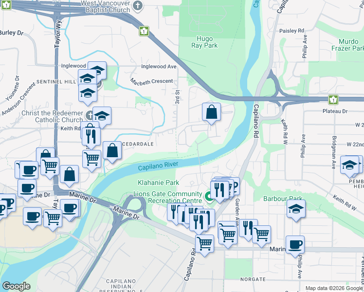 map of restaurants, bars, coffee shops, grocery stores, and more near 2024 Fullerton Avenue in North Vancouver
