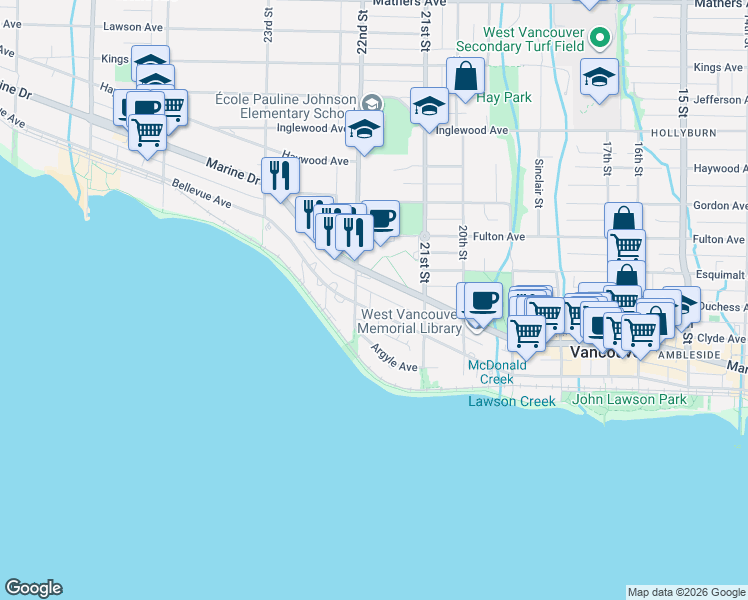 map of restaurants, bars, coffee shops, grocery stores, and more near 2167 Bellevue Avenue in West Vancouver