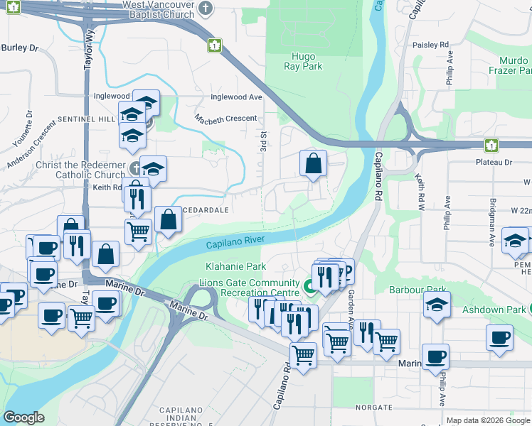 map of restaurants, bars, coffee shops, grocery stores, and more near 2024 Fullerton Avenue in North Vancouver