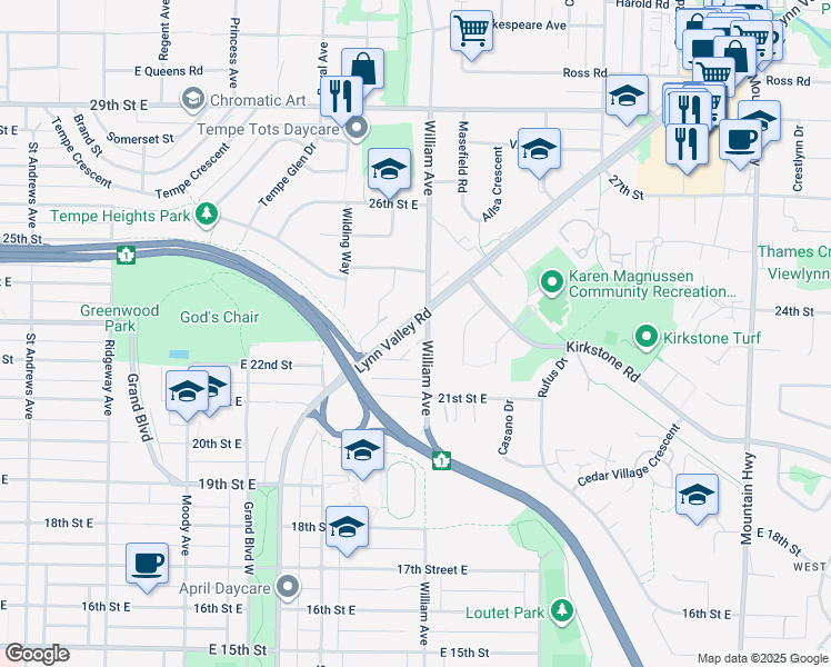 map of restaurants, bars, coffee shops, grocery stores, and more near 779 Lynn Valley Road in North Vancouver