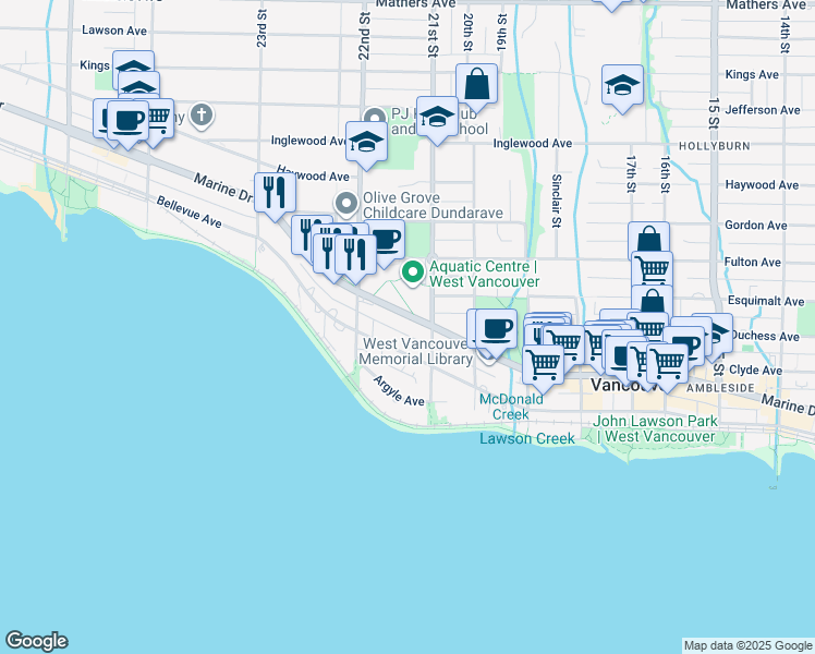 map of restaurants, bars, coffee shops, grocery stores, and more near 2150 Marine Drive in West Vancouver