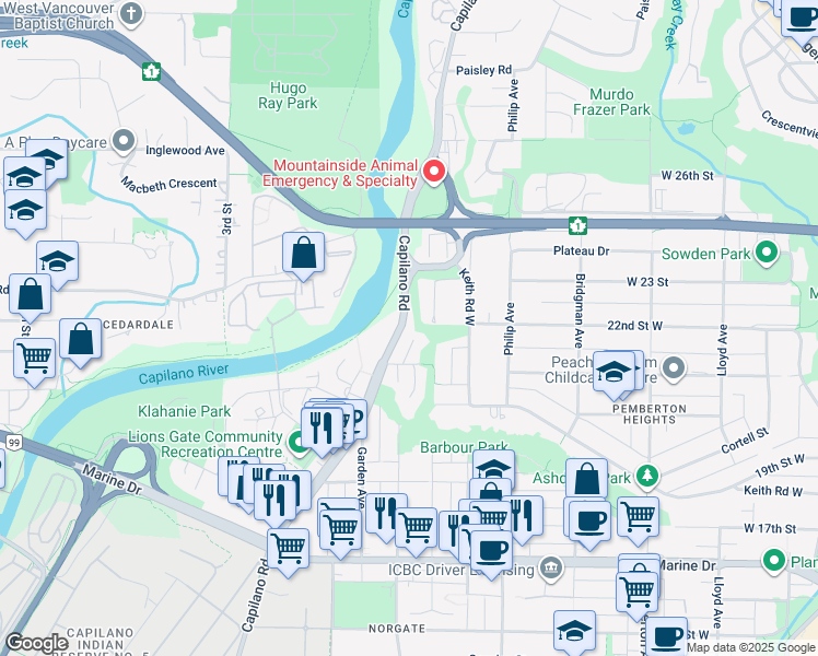 map of restaurants, bars, coffee shops, grocery stores, and more near 2170 Capilano Road in North Vancouver