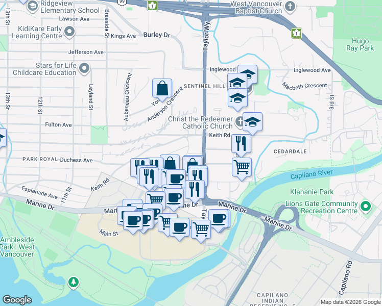 map of restaurants, bars, coffee shops, grocery stores, and more near 598 Arthur Erickson Place in West Vancouver