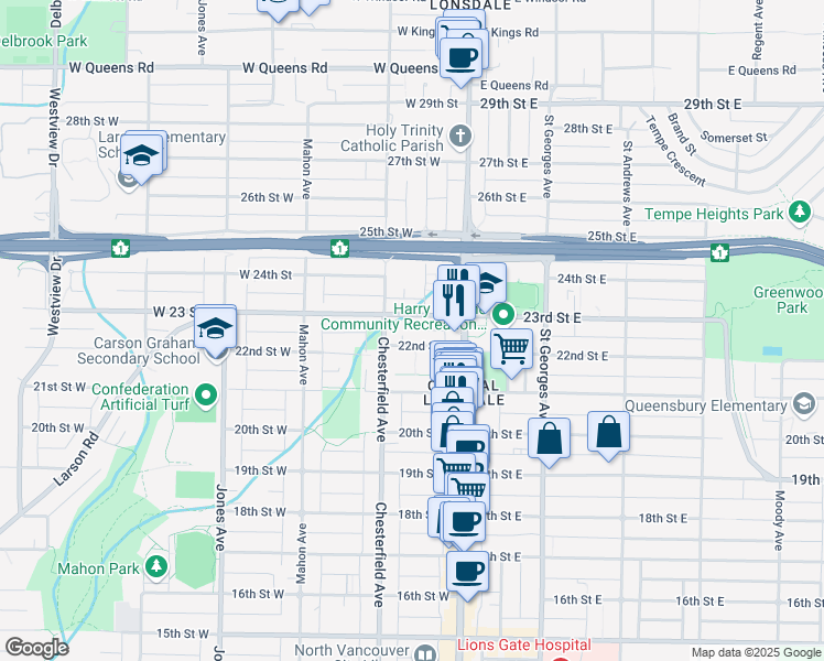 map of restaurants, bars, coffee shops, grocery stores, and more near 512 West 22nd Street in North Vancouver