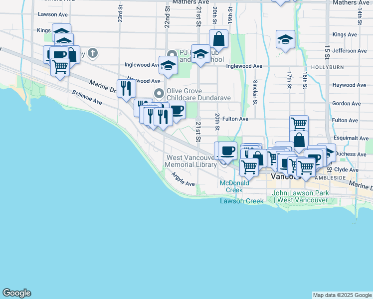 map of restaurants, bars, coffee shops, grocery stores, and more near 2130 Marine Drive in West Vancouver