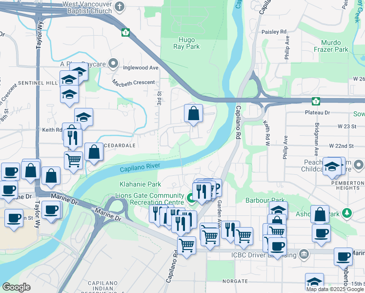 map of restaurants, bars, coffee shops, grocery stores, and more near 809-2008 Fullerton Avenue in North Vancouver