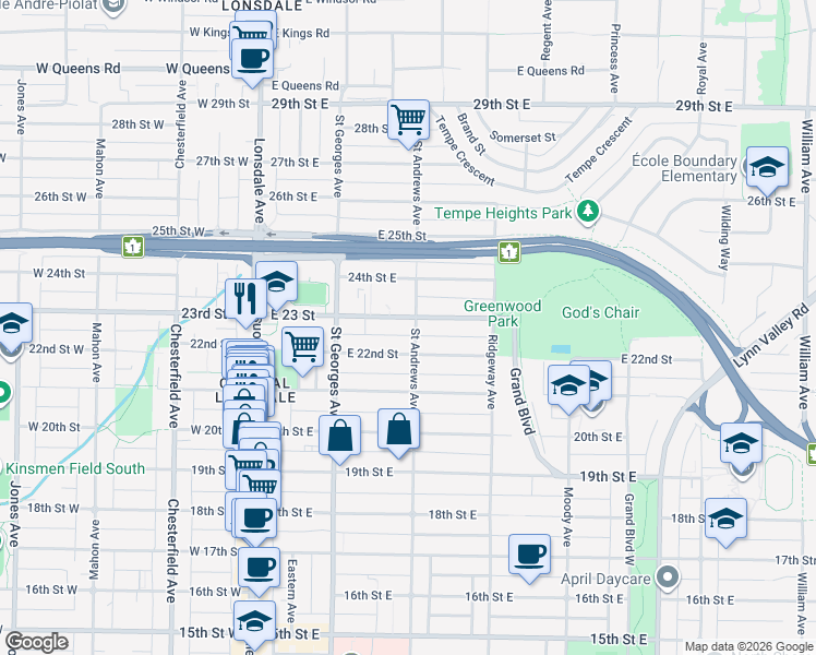 map of restaurants, bars, coffee shops, grocery stores, and more near 265 East 23 Street in North Vancouver