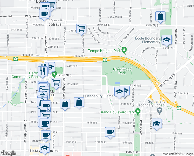 map of restaurants, bars, coffee shops, grocery stores, and more near 355 23rd Street East in North Vancouver