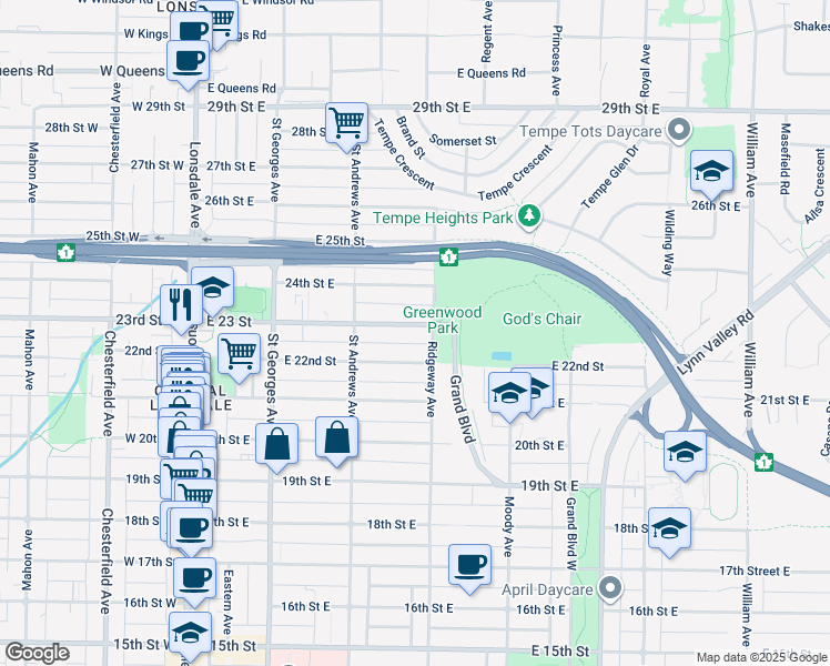 map of restaurants, bars, coffee shops, grocery stores, and more near 355 23rd Street East in North Vancouver