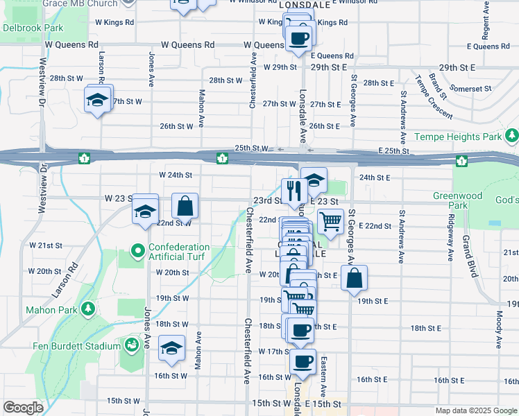 map of restaurants, bars, coffee shops, grocery stores, and more near 183 West 23 Street in North Vancouver
